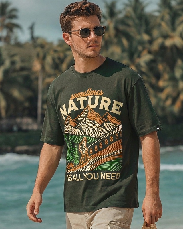 Shop Men's Grape Leaf Green Sometimes Nature Graphic Printed Oversized T-shirt-Front