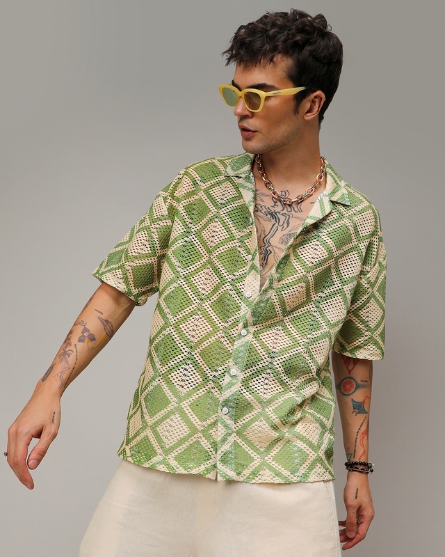 Shop Men's Grass Green & Pale Yellow Geometric Printed Oversized Shirt-Front