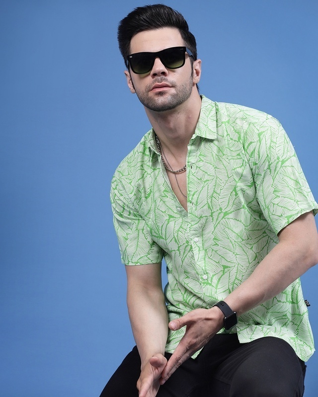 Shop Men's Green All Over Leaf Printed Slim Fit Shirt-Front