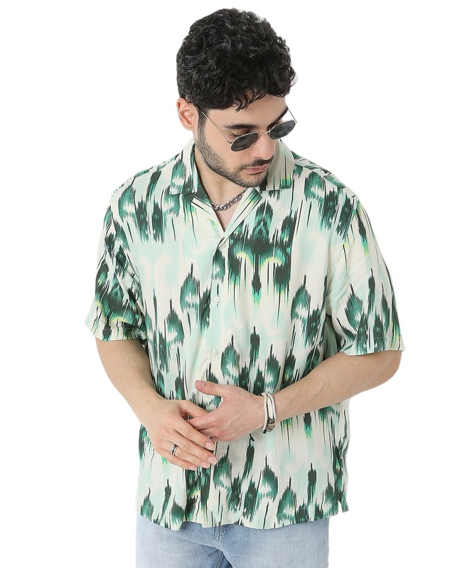 Shop Men's Green All Over Matrix Printed Relaxed Fit Shirt-Front