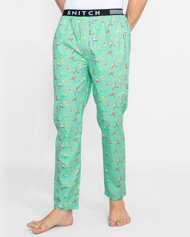 Shop Men's Green All Over Parrots Printed Cotton Pyjamas-Front