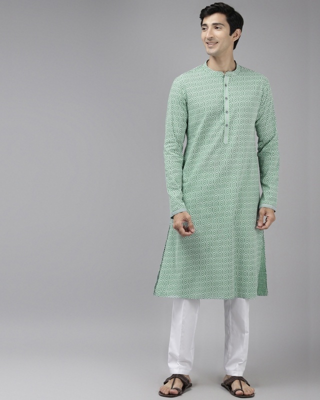 Shop Men's Green All Over Printed Cotton Kurta-Front