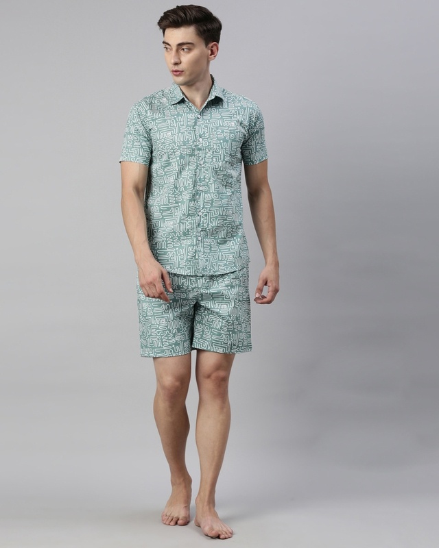 Shop Men's Green All Over Printed Cotton Shirt & Shorts Set-Front