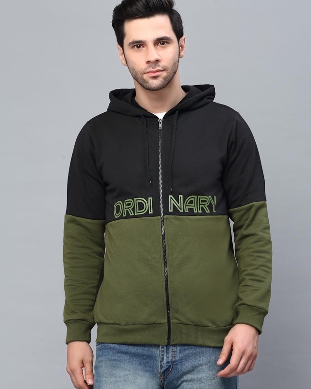 Shop Men's Green and Black Color Block Slim Fit Hooded Jacket-Front