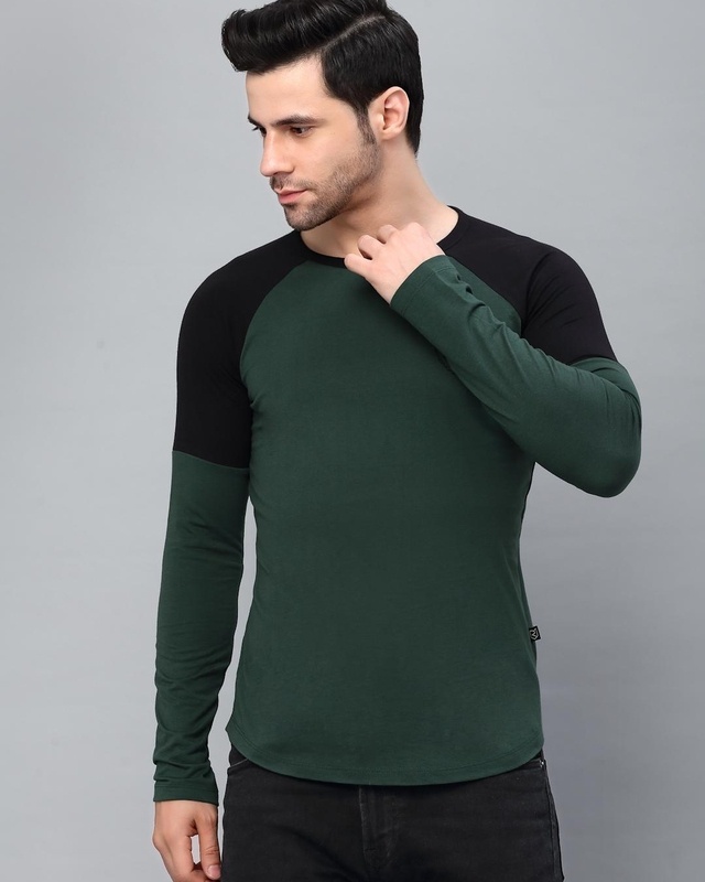 Shop Men's Green & Black Color Block Slim Fit T-shirt-Front