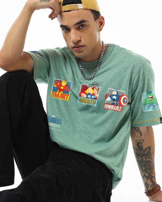 Shop Men's Green Avengers Assemble Graphic Printed Oversized T-shirt-Front