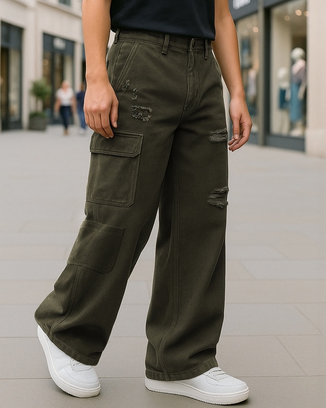 Shop Men's Green Baggy Distressed Straight Fit Cargo Jeans-Front