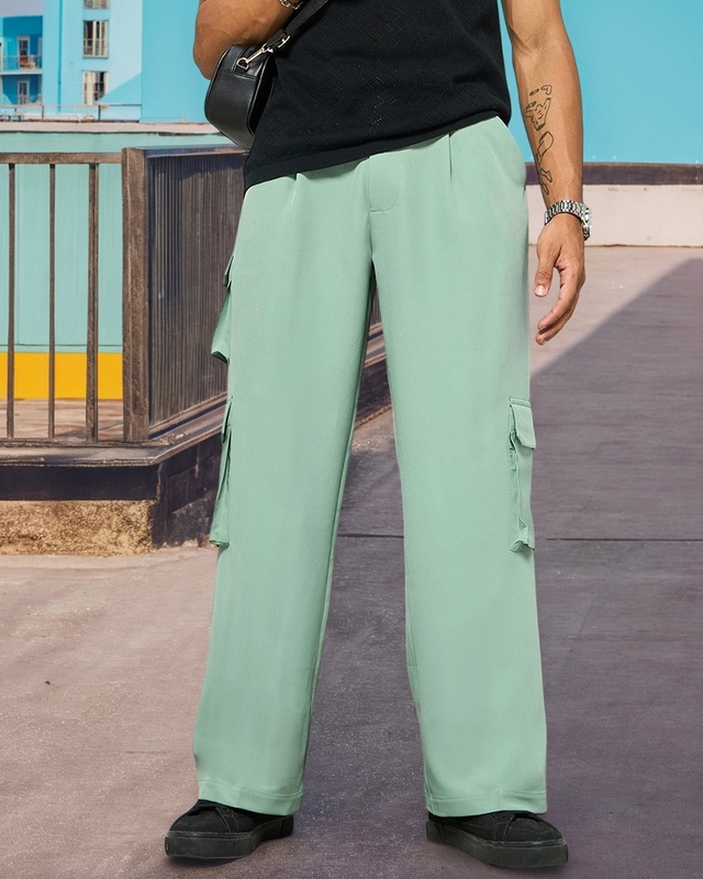 Men's Green Baggy Loose Fit Cargo Korean Pants
