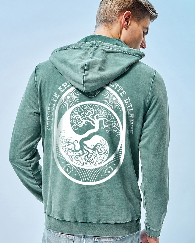 Shop Men's Green Balance Is The Key Graphic Printed Hoodies-Front