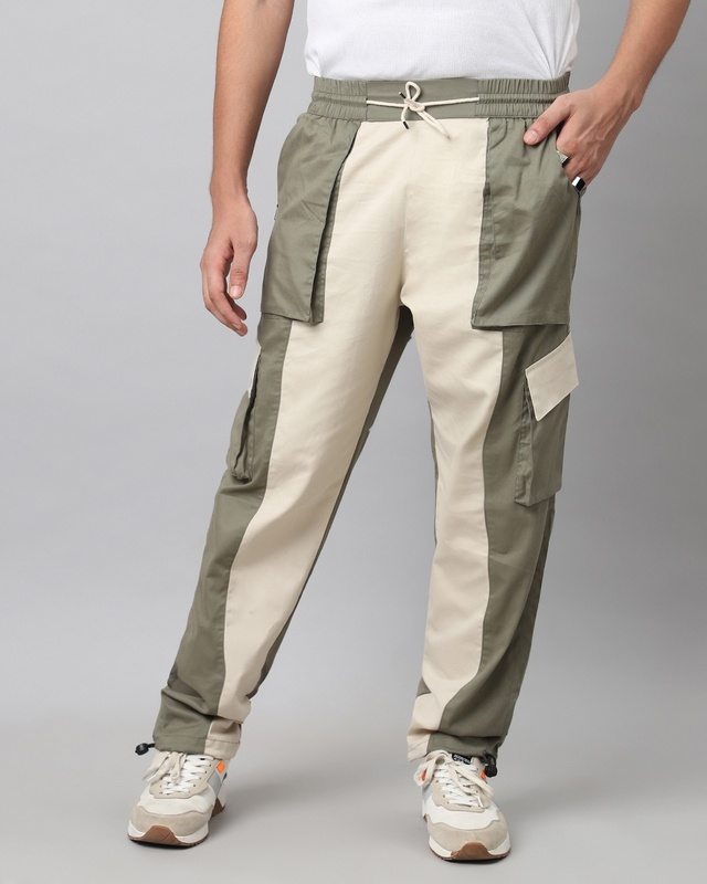 Men's Beige & Green Color Block Loose Comfort Fit Cargo Pants