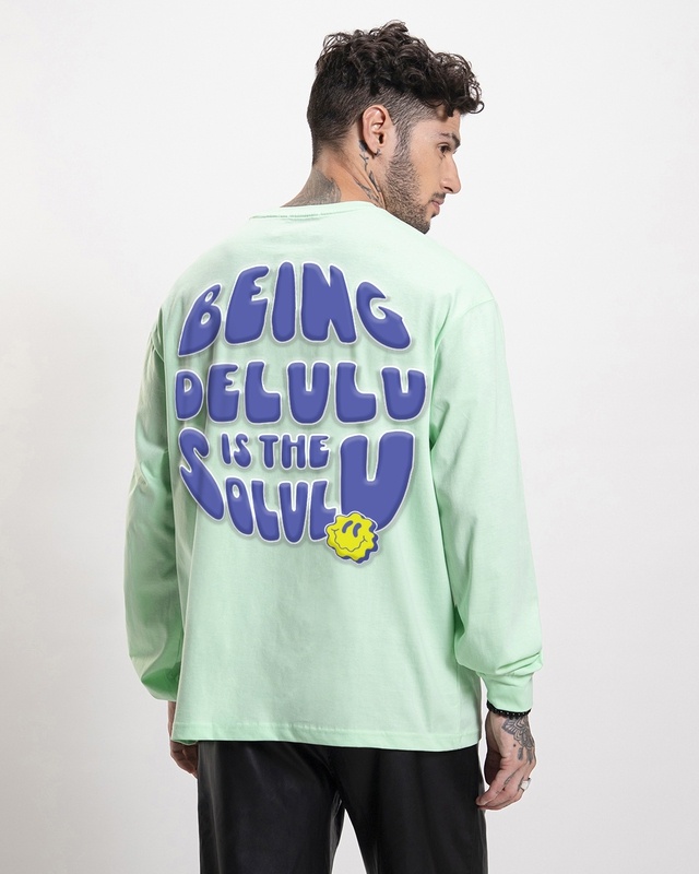 Shop Men's Green Being Delulu Is the Solulu Graphic Printed Oversized T-shirt-Front