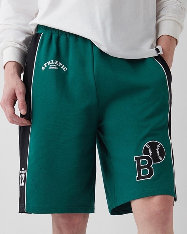 Shop Men's Green & Black Athletic Color Block Oversized Varsity Shorts-Front