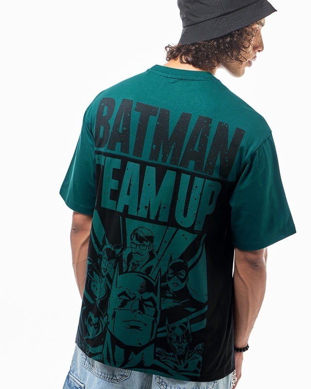 Shop Men's Green & Black Batman Teamup Graphic Printed Oversized T-shirt-Front
