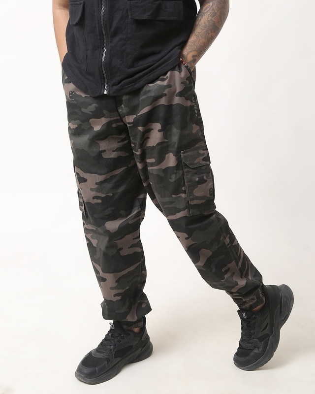 Shop Men's Green & Black Camouflage Printed Loose Comfort Fit Joggers-Front