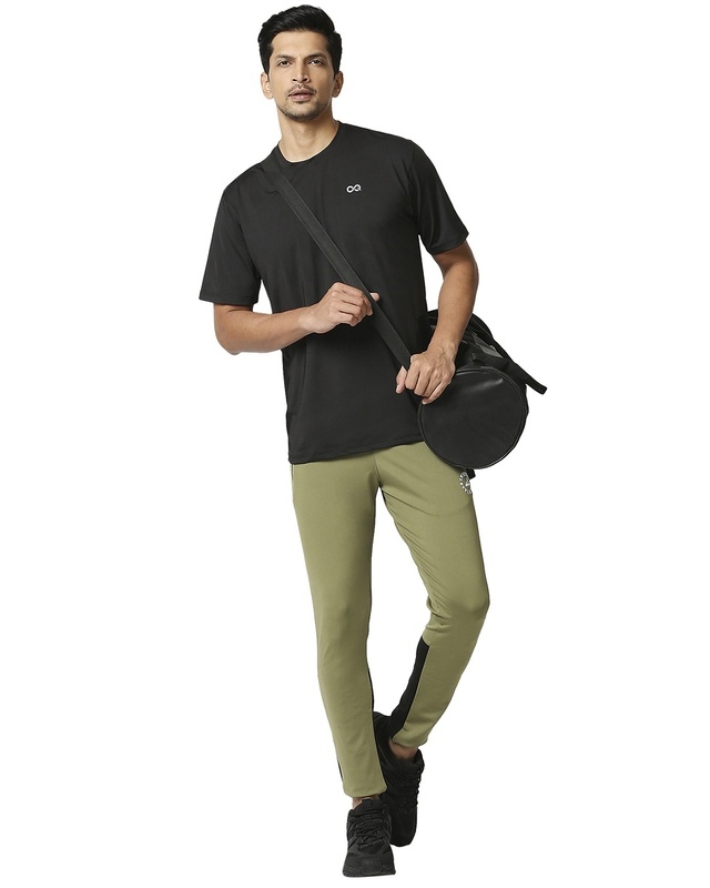 Shop Men's Green & Black Color Block Slim Fit Track Pants-Front