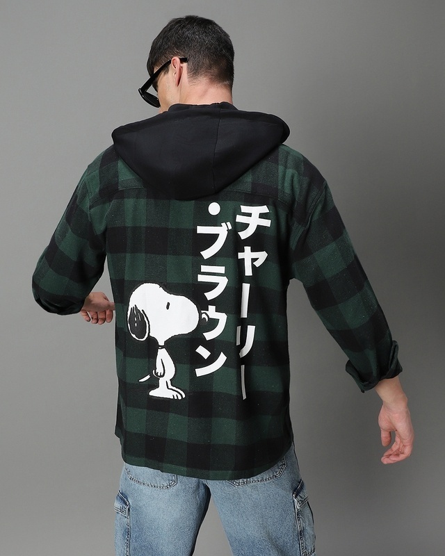 Shop Men's Green & Black Snoopy Checked Oversized Hooded Shirt-Front