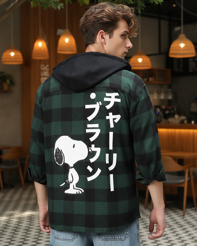 Shop Men's Green & Black Snoopy Checked Oversized Hooded Shirt-Front
