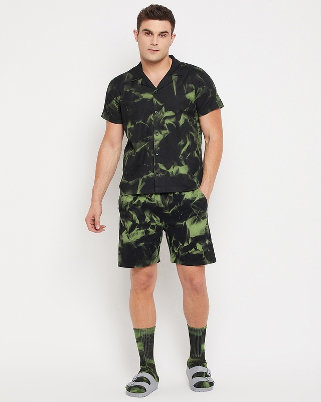 Shop Men's Green & Black Tie & Dye Shirt & Shorts Set with Matching Socks-Front