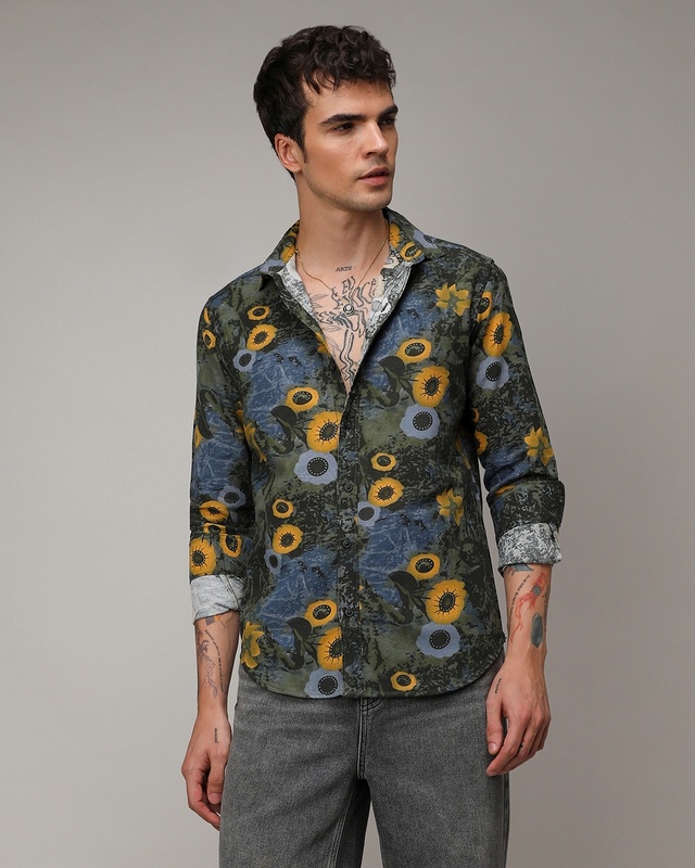 Shop Men's Green & Blue All Over Printed Shirt-Front