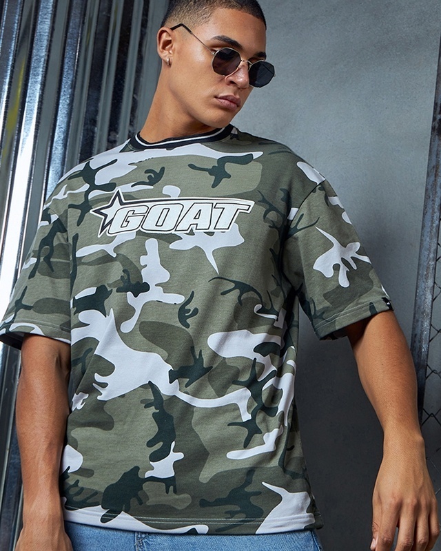 Shop Men's Green & Blue Camouflage Oversized T-shirt-Front