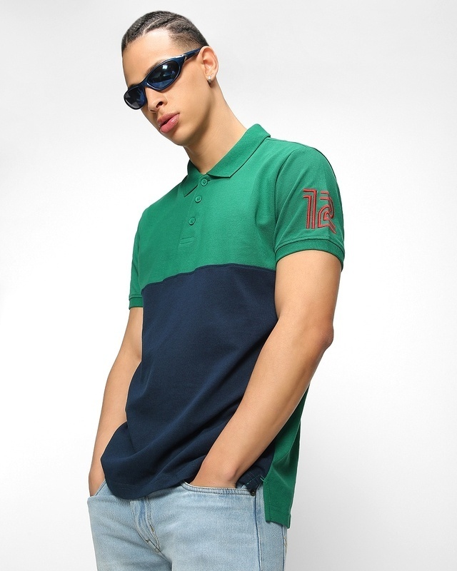 Shop Men's Green & Blue Color Block Polo T-shirt-Front