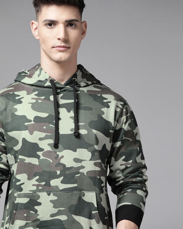 Shop Men's Green Camouflage Printed Hoodie Sweatshirt-Front