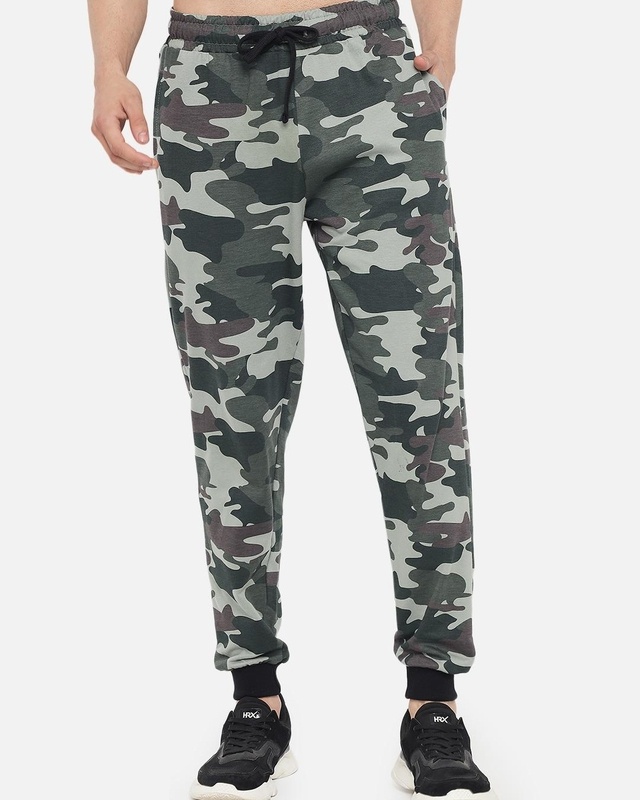 Shop Men's Green Camouflage Printed Relaxed Fit Joggers-Front