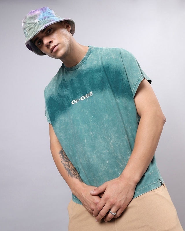 Shop Men's Green Cashtalk Graphic Printed Super Loose Fit Vest-Front