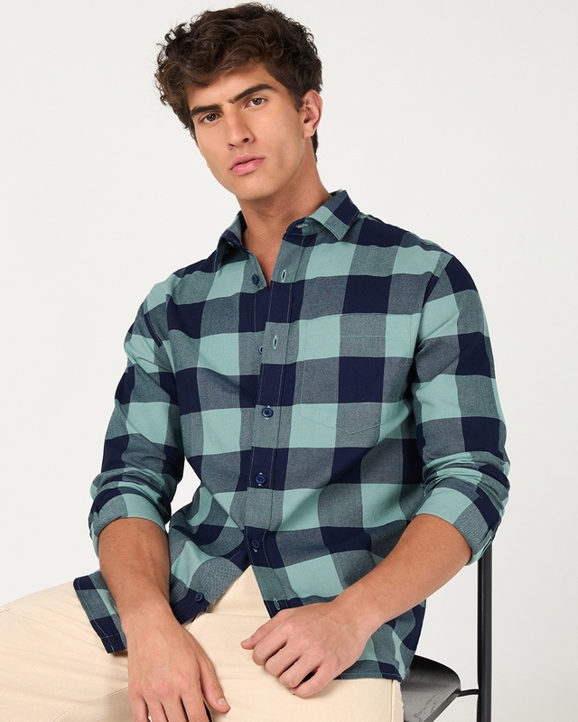Shop Men's Green & Navy Blue Checked Shirt-Front
