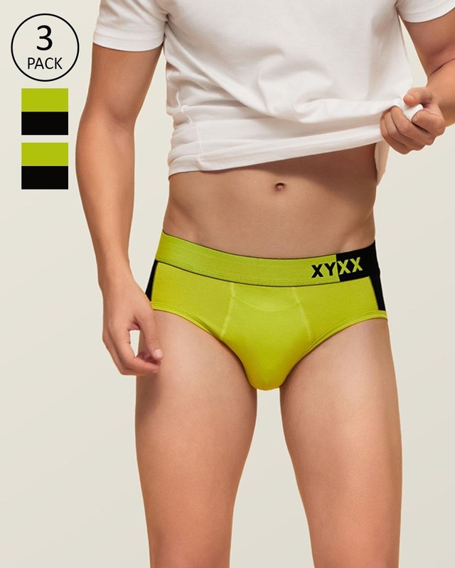 Shop Men's Green Color Block Dualist Antimicrobial Micro Modal Briefs (Pack Of 3)-Front