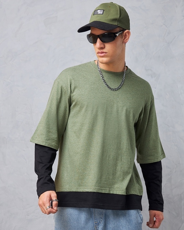 Shop Men's Green Color Block Oversized T-shirt-Front