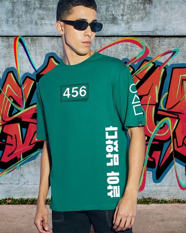 Shop Men's Green Contestants Graphic Printed Oversized T-shirt-Front