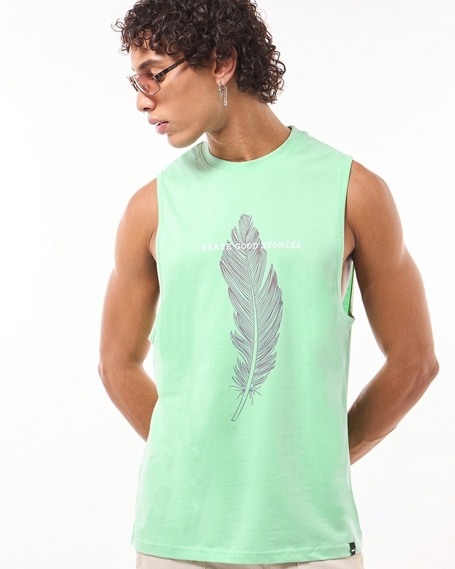 Shop Men's Green Create Good Stories Graphic Printed Oversized Vest-Front