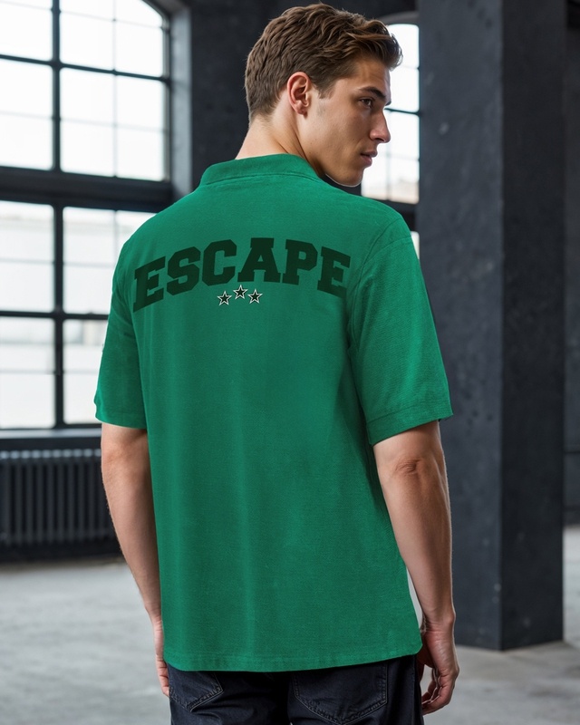 Shop Men's Green Escape Typography Oversized Acid Wash Polo T-shirt-Front