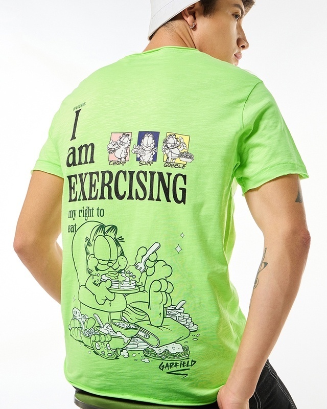 Shop Men's Green Exercising Garfield Graphic Printed T-shirt-Front