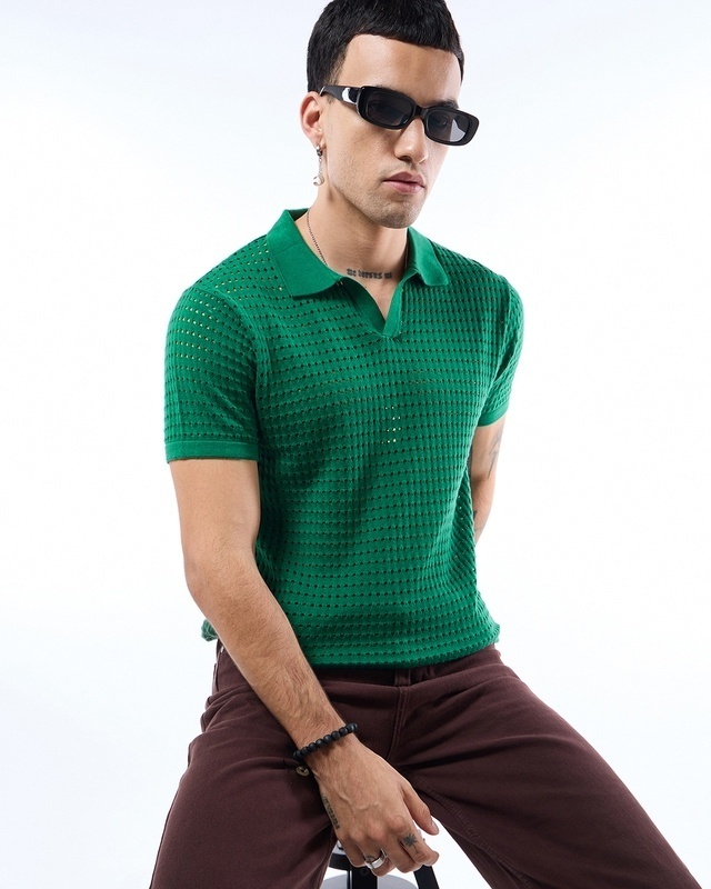 Shop Men's Green Flatknit Polo T-shirt-Front