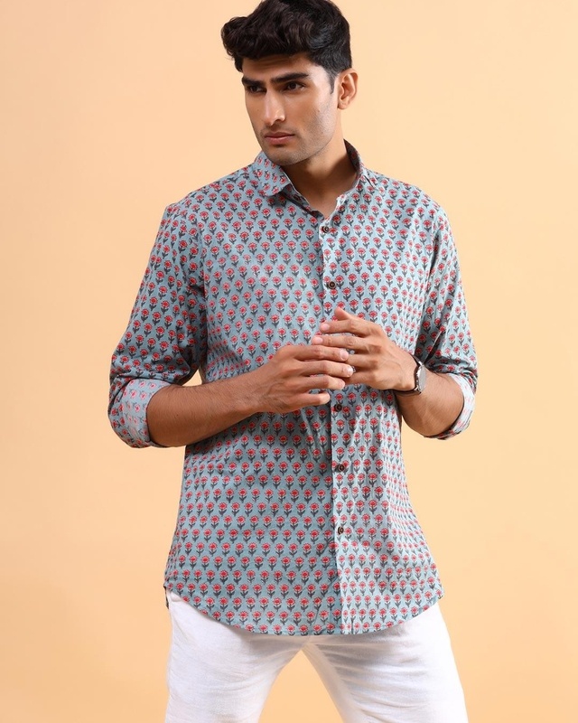 Shop Men's Green Floral Printed Slim Fit Shirt-Front
