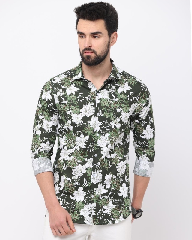 Shop Men's Green Floral Printed Slim Fit Shirt-Front