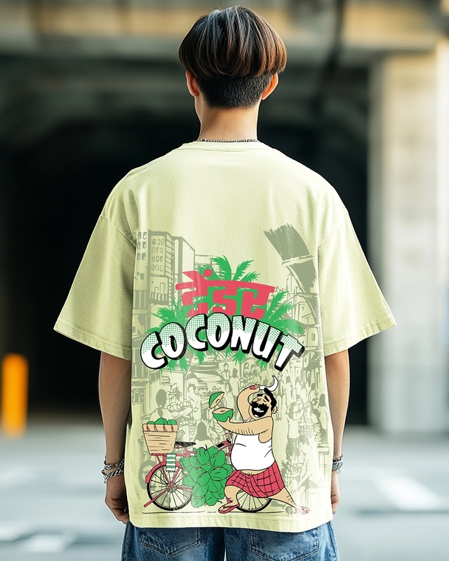Shop Men's Fog Green Coconut Graphic Printed Oversized T-shirt-Front