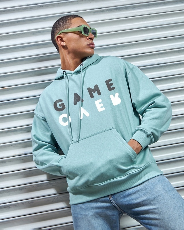 Shop Men's Green Game Over Minimal Graphic Printed Oversized Hoodies-Front