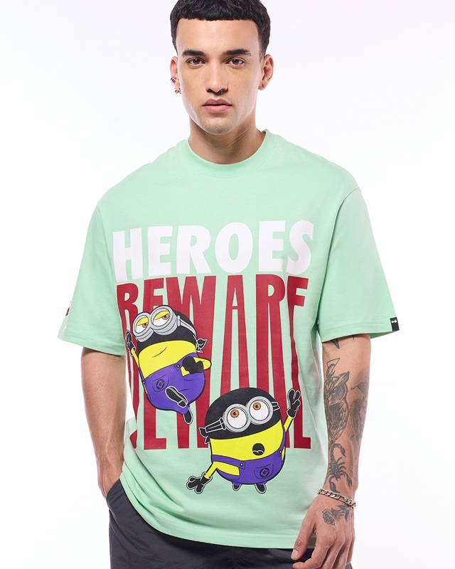 Shop Men's Green Heroes Beware Graphic Printed Oversized T-shirt-Front