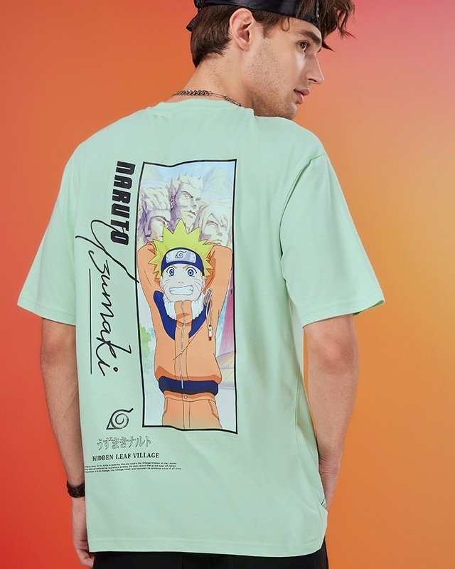 Shop Men's Green Hidden Leaf Naruto Graphic Printed Oversized T-shirt-Front