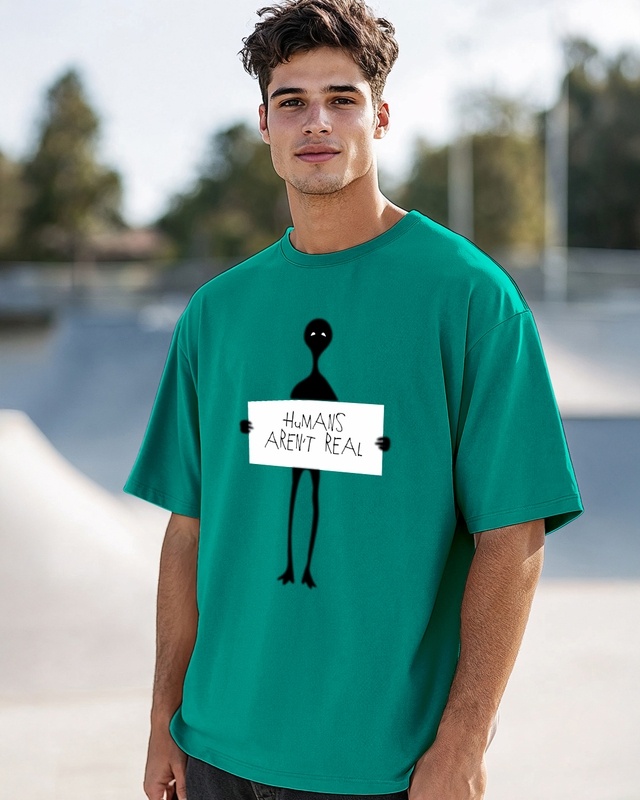 Shop Men's Green Humans Aren't Real Graphic Printed Oversized T-shirt-Front