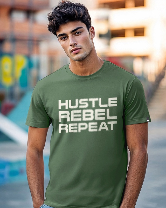 Shop Men's Green Hustle Rebel Repeat Typography T-shirt-Front
