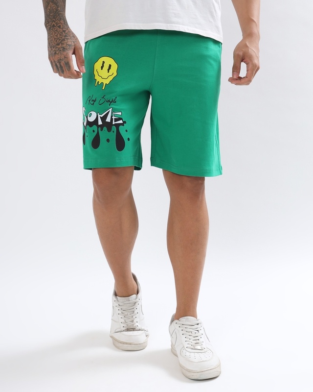 Shop Men's Green Keep Simple Some Graphic Printed Relaxed Fit Shorts-Front