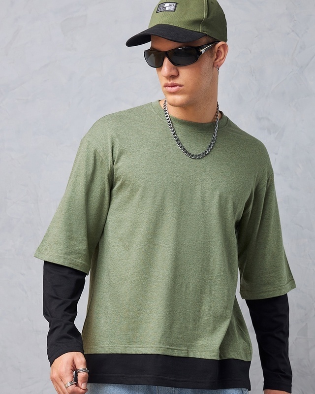 Shop Men's Green Layered Oversized T-shirt-Front