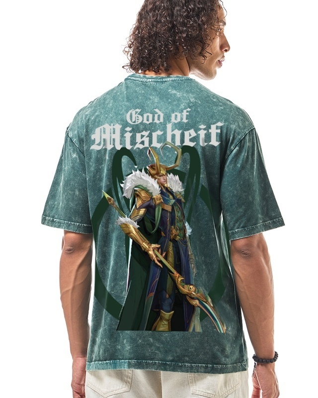 Shop Men's Green Loki Graphic Printed Oversized Acid Wash T-shirt-Front