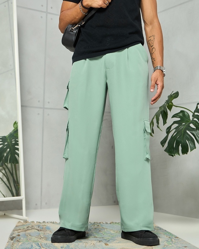 Shop Men's Green Loose Fit Cargo Korean Pants-Front