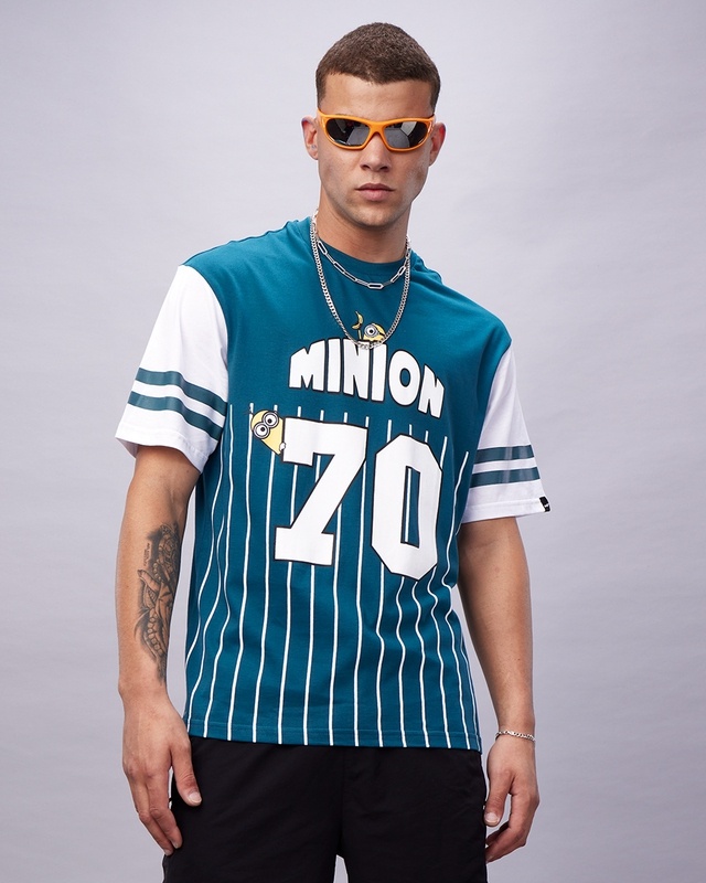 Shop Men's Green & White Minion Jersey Graphic Printed Oversized T-shirt-Front