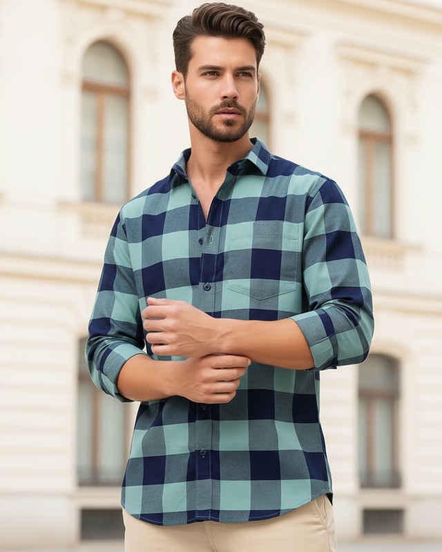 Shop Men's Green & Navy Blue Checked Shirt-Front